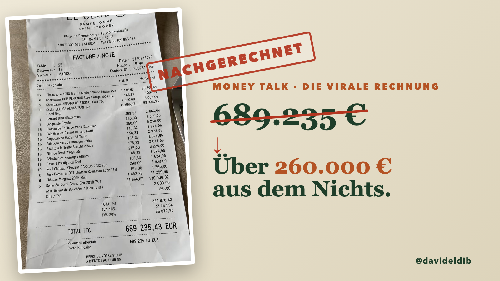 Featured image for “689.000 € für ein Mittagessen: Ich habe die virale Rechnung nachgerechnet — über 260.000 € entstehen aus dem Nichts”
